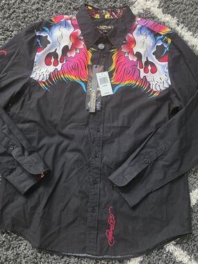Ed Hardy Black Button-Up Shirt with Neon Skull Shoulder Artwork Size Large